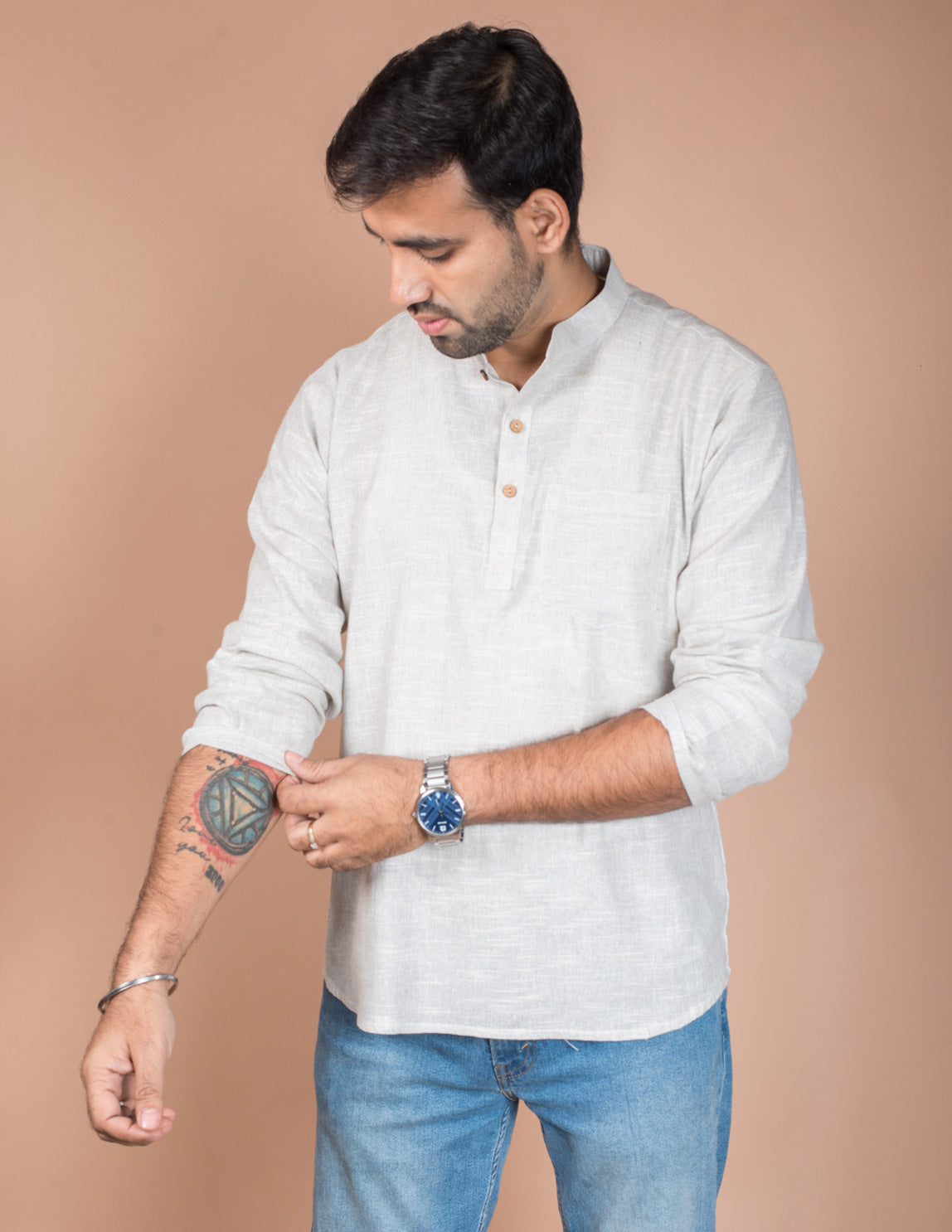 Light Grey Natural Cotton Short Kurta