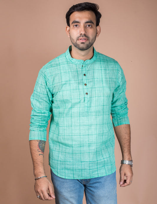 Green Cotton Check Brushed Short Kurta