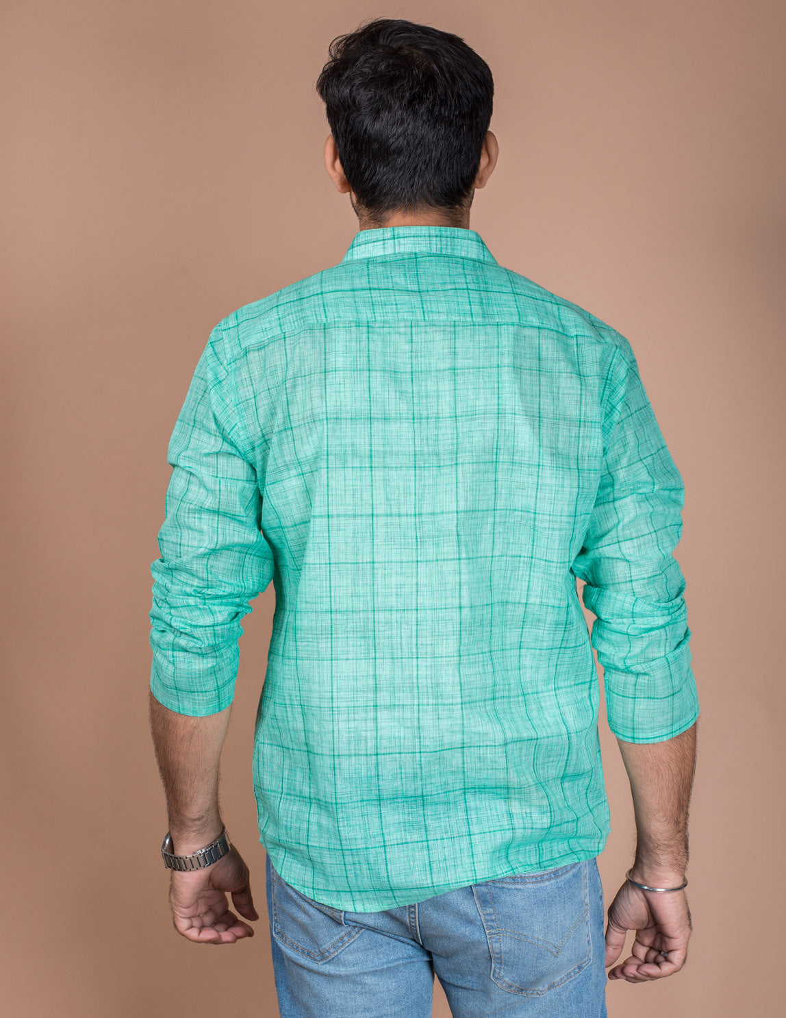 Green Cotton Check Brushed Short Kurta