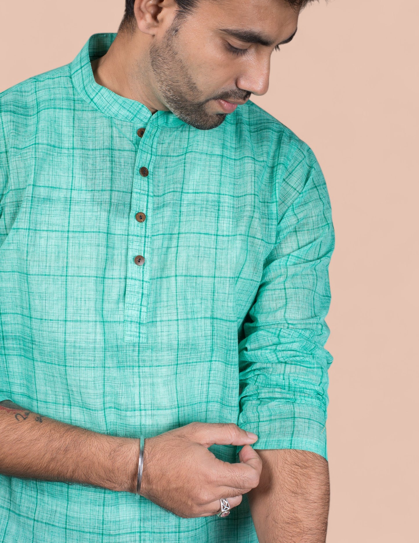 Green Cotton Check Brushed Short Kurta