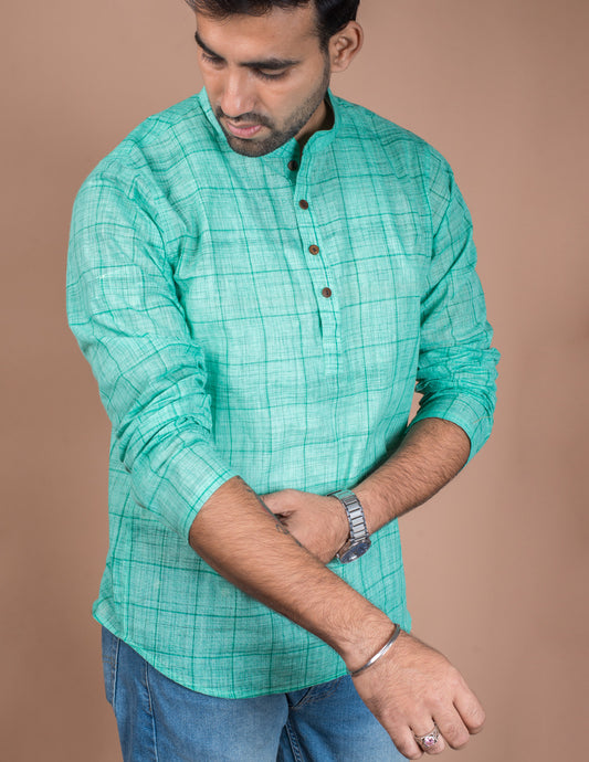 Green Cotton Check Brushed Short Kurta