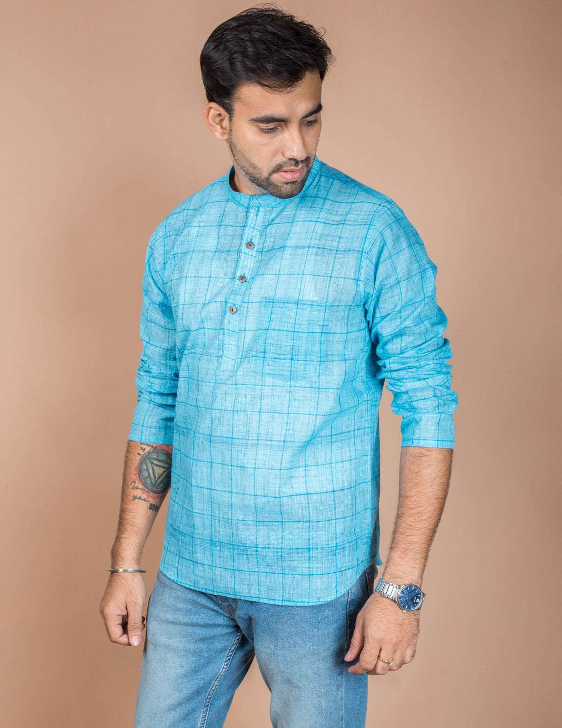 Blue Cotton Check Brushed Kurta