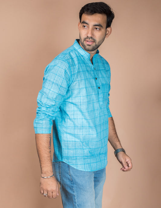 Blue Cotton Check Brushed Kurta