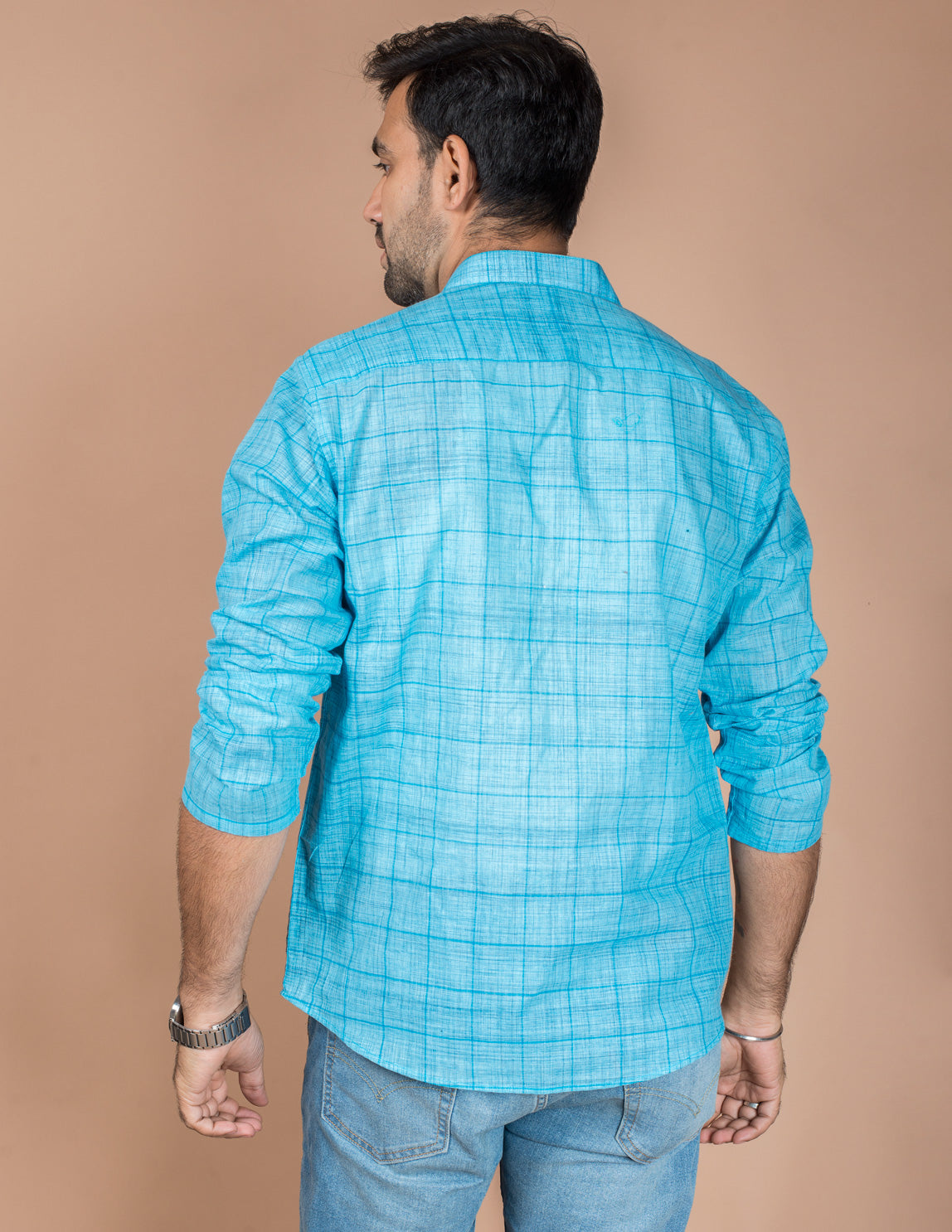Blue Cotton Check Brushed Kurta