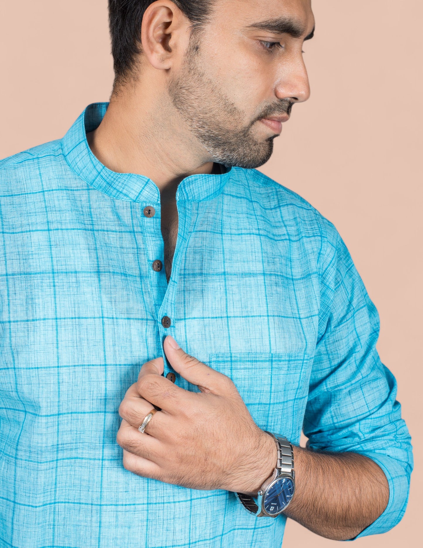 Blue Cotton Check Brushed Kurta