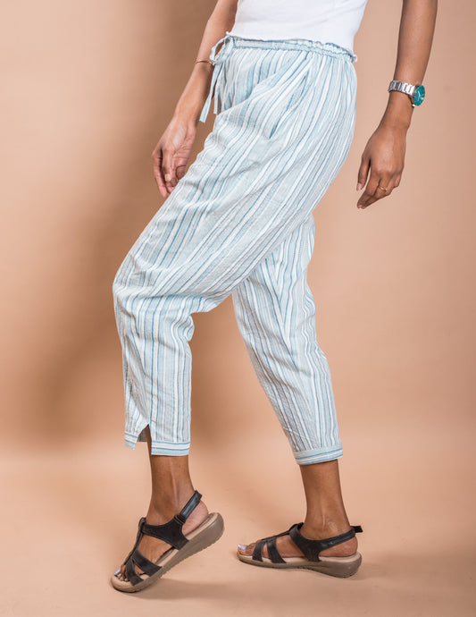 Sky Blue Stripe Cotton Kantha Capri Pant