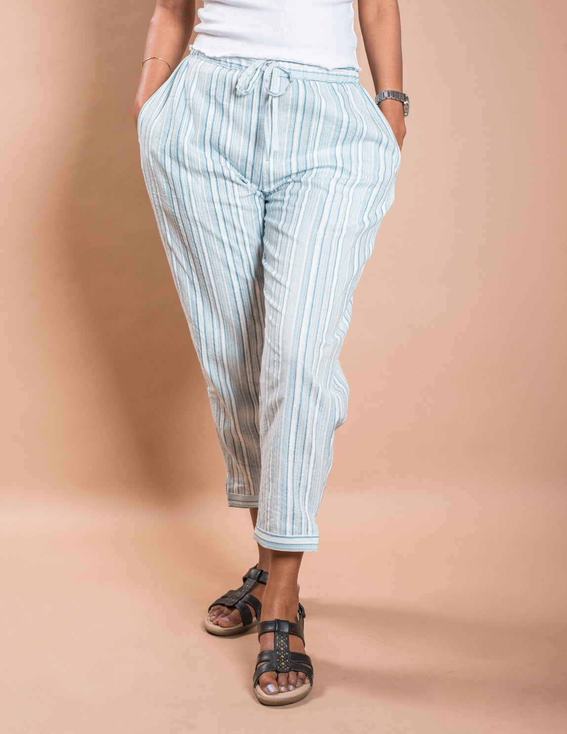 Sky Blue Stripe Cotton Kantha Capri Pant