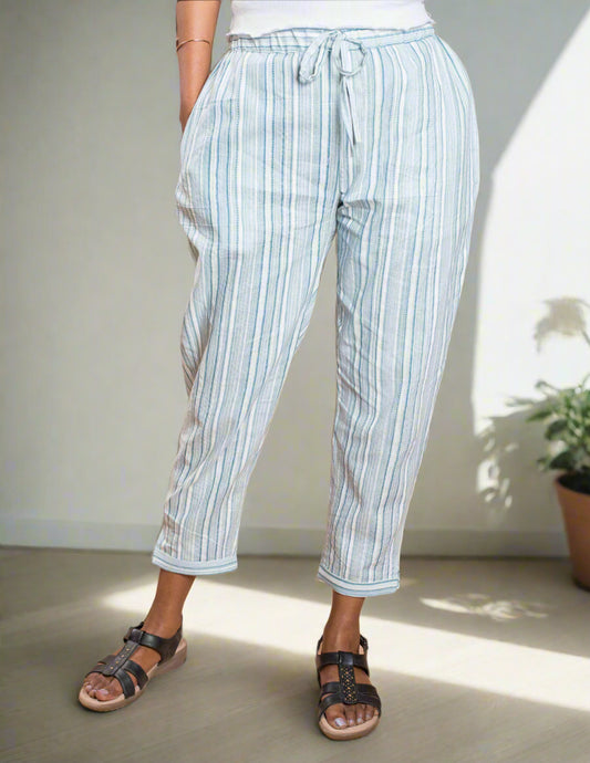 Sky Blue Stripe Cotton Kantha Capri Pant