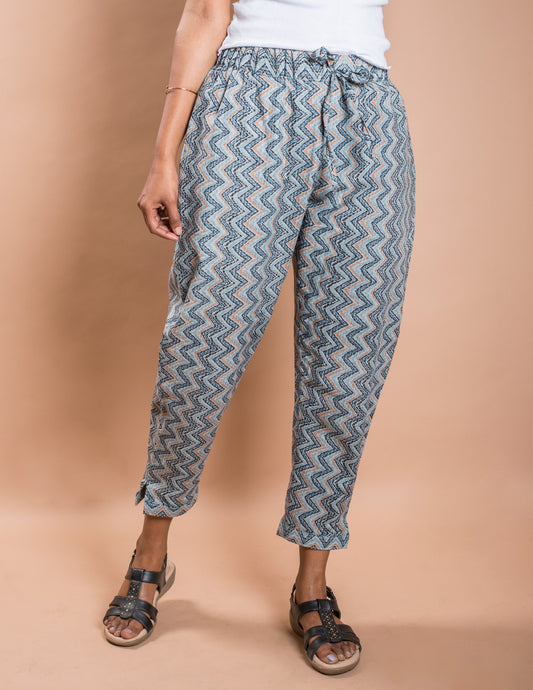Blue Zigzag Stripe Cotton Kantha Capri Pant