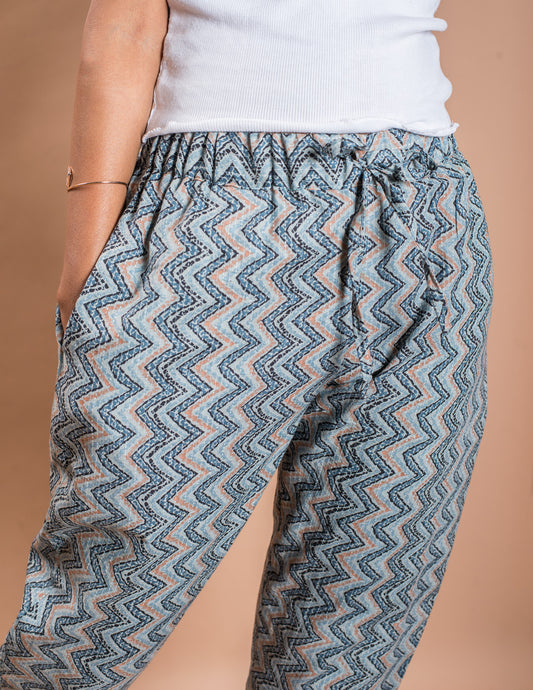 Blue Zigzag Stripe Cotton Kantha Capri Pant