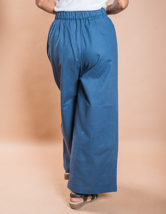 Blue Plain Women's Cotton Palazzo