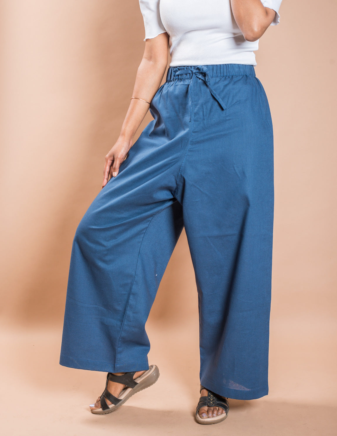 Blue Plain Women's Cotton Palazzo