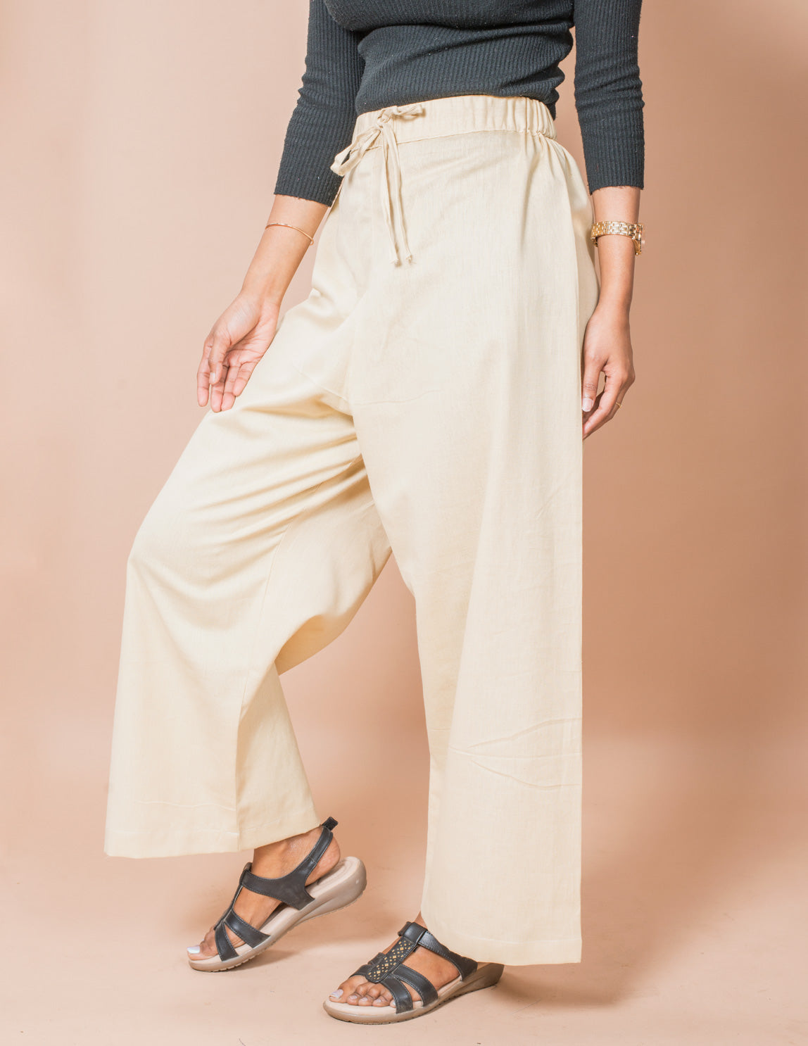 Beige Plain Women's Cotton Palazzo