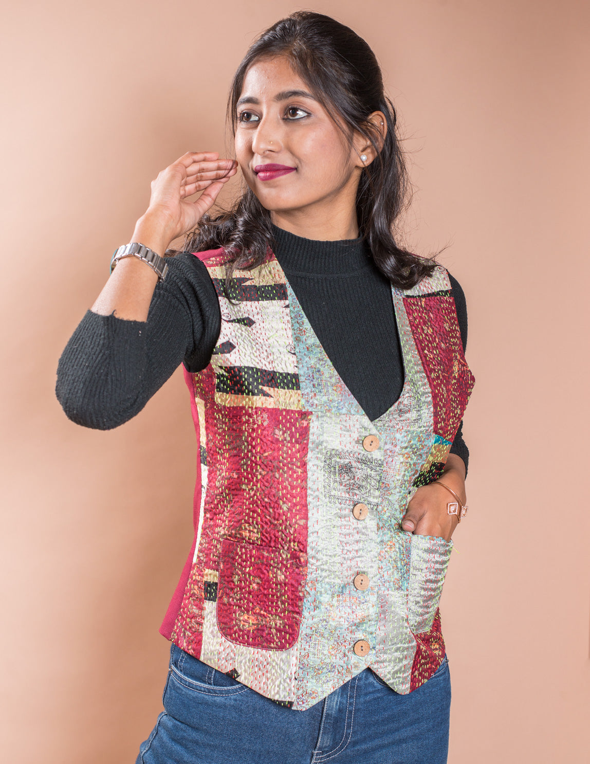 Kantha Patch V Neck Waistcoat / Jacket