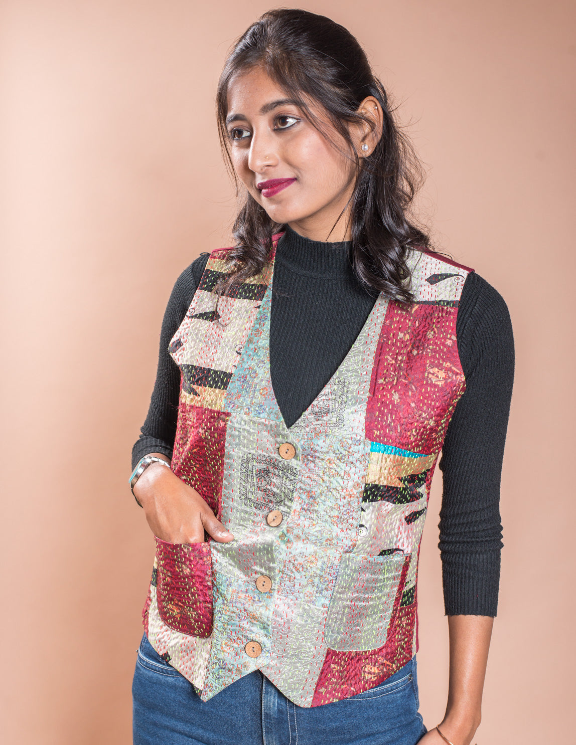 Kantha Patch V Neck Waistcoat / Jacket