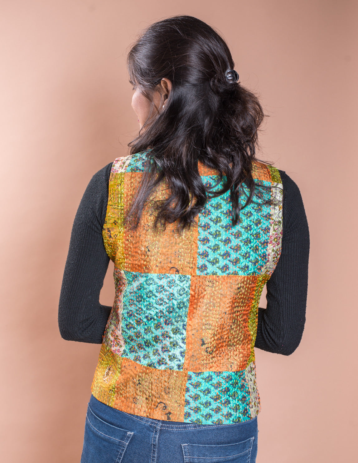 Multicolour Kantha Patch V Neck Waistcoat / Jacket