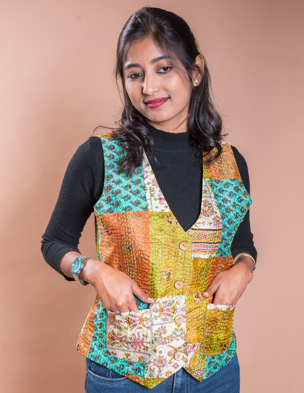 Multicolour Kantha Patch V Neck Waistcoat / Jacket