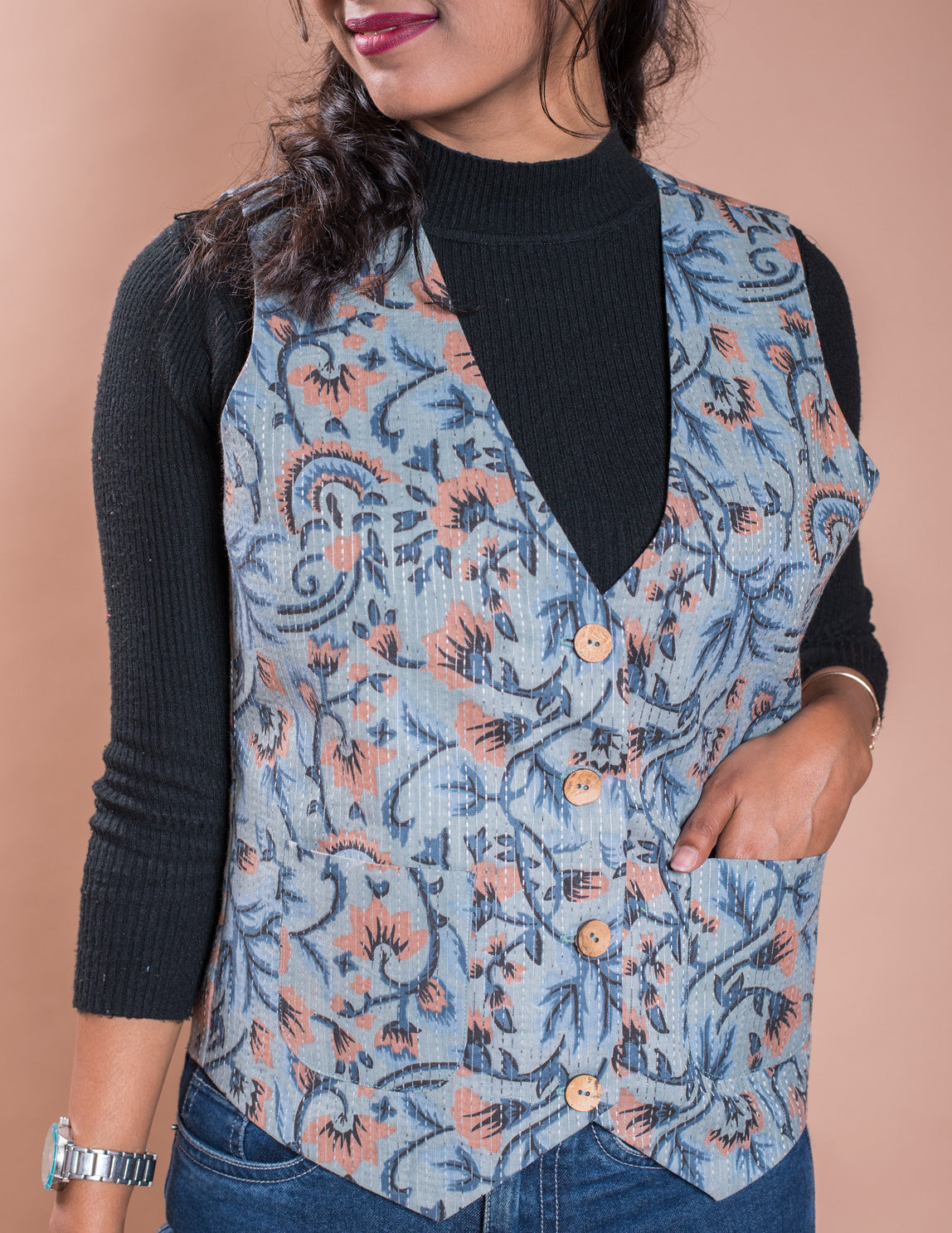 Grey Floral Kantha V Neck Waistcoat / Jacket