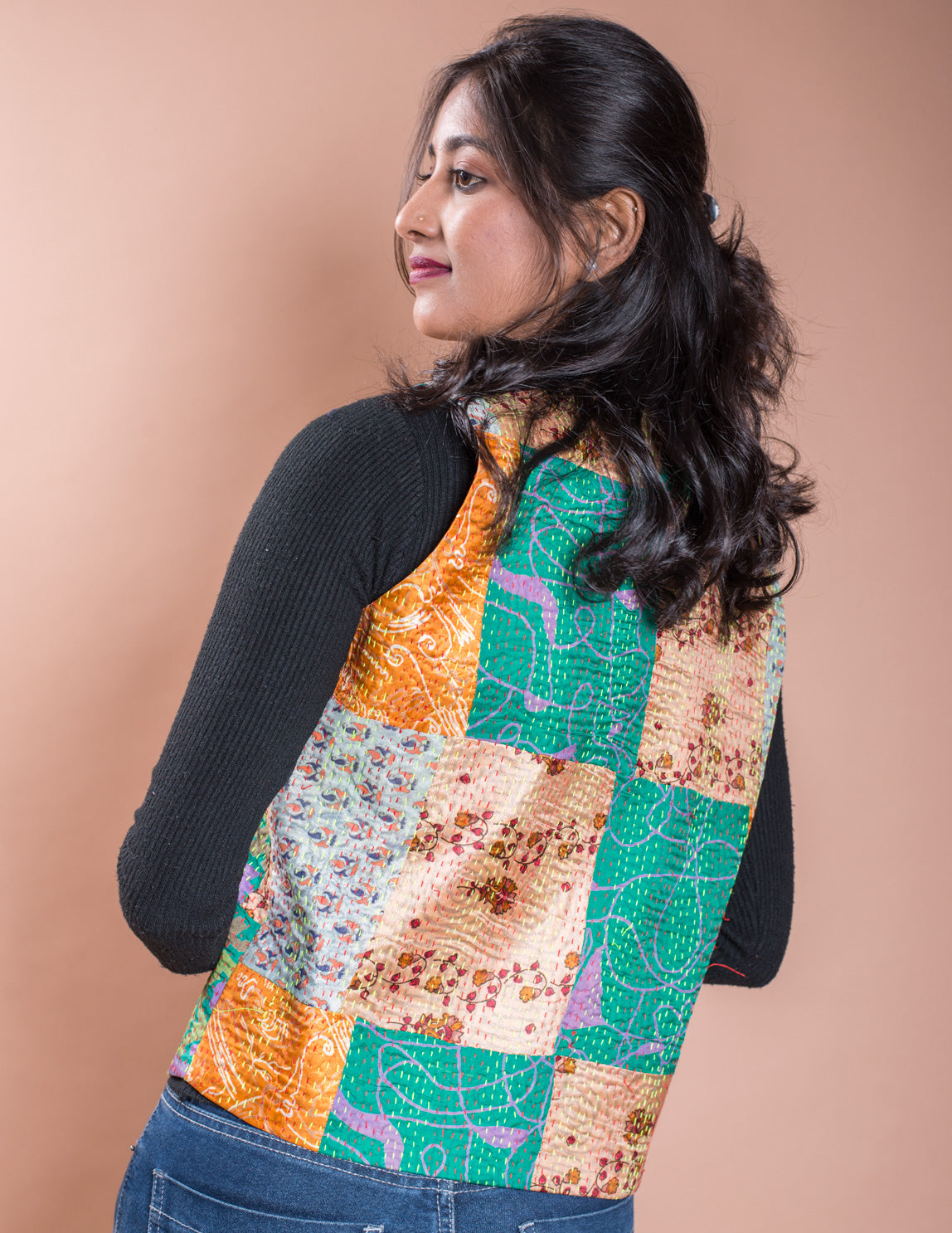 Multicolour Kantha Patch V Neck Waistcoat / Jacket