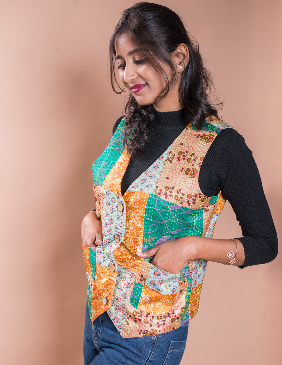 Multicolour Kantha Patch V Neck Waistcoat / Jacket
