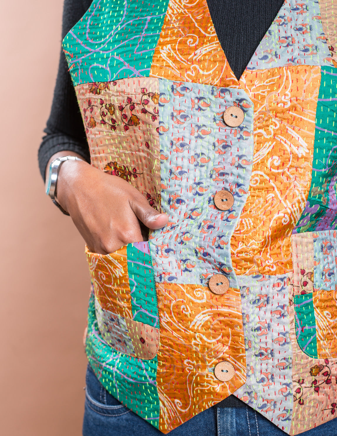 Multicolour Kantha Patch V Neck Waistcoat / Jacket