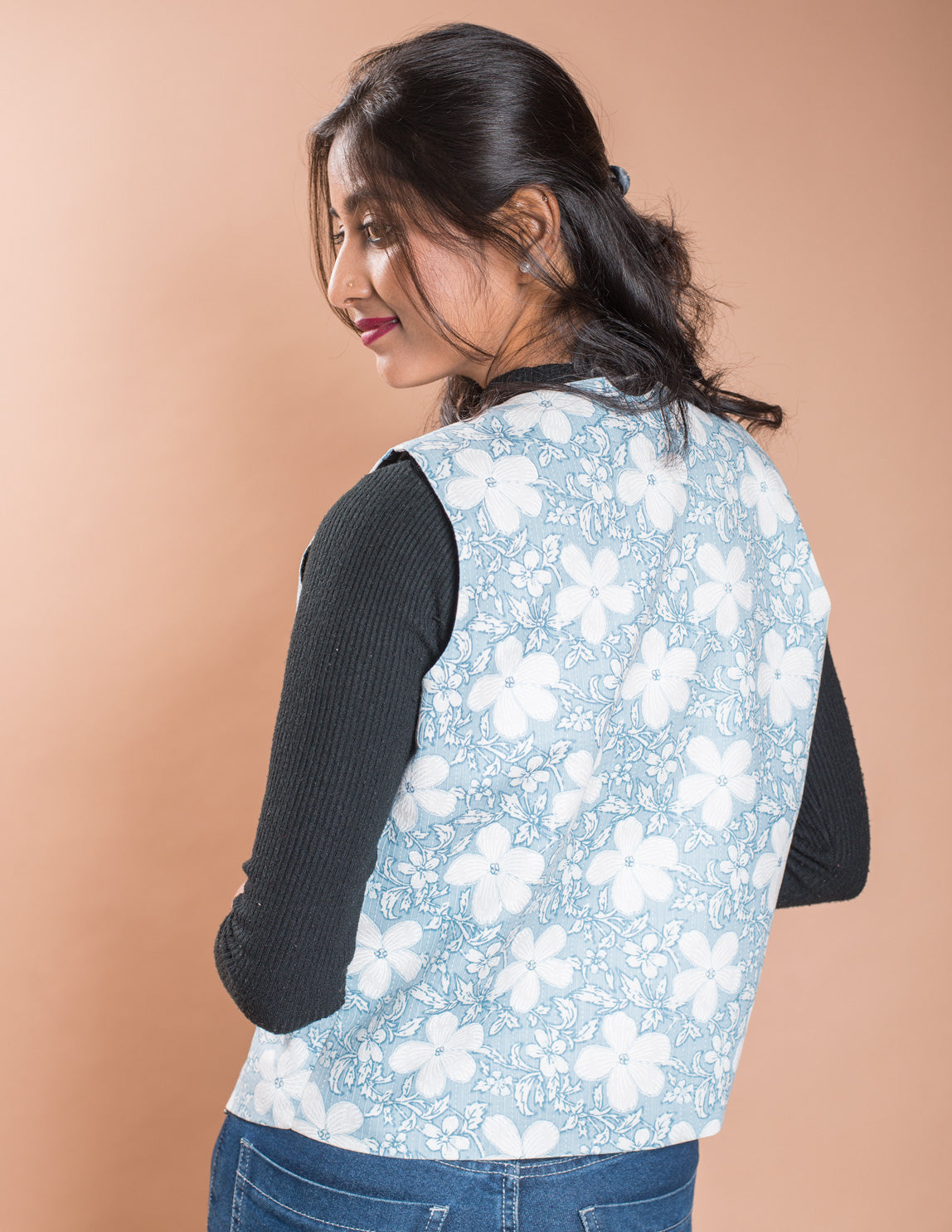 Sky Blue Floral Kantha V Neck Waistcoat / Jacket