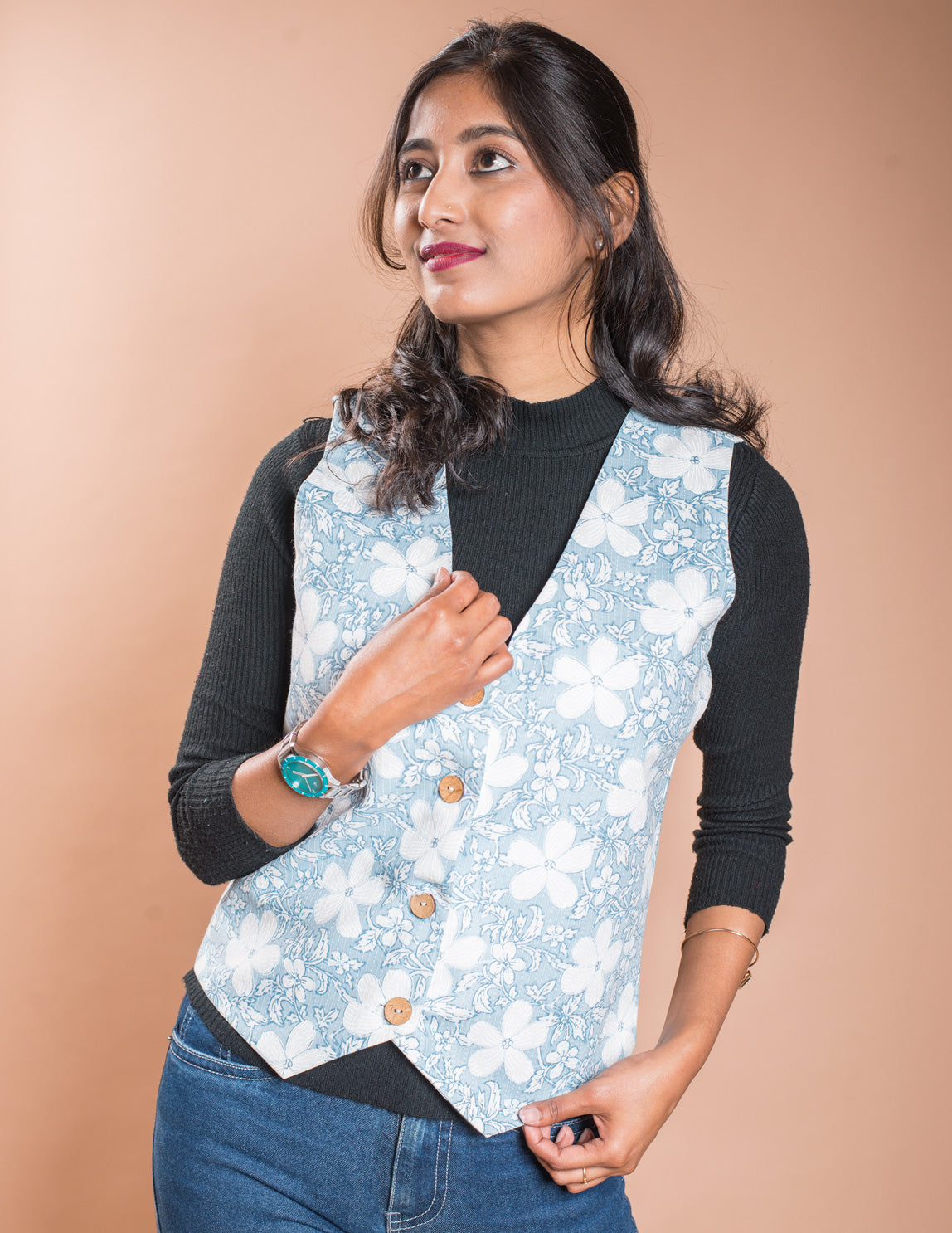 Sky Blue Floral Kantha V Neck Waistcoat / Jacket