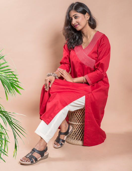 Red V-Neck Stitched Collar Long Kurta