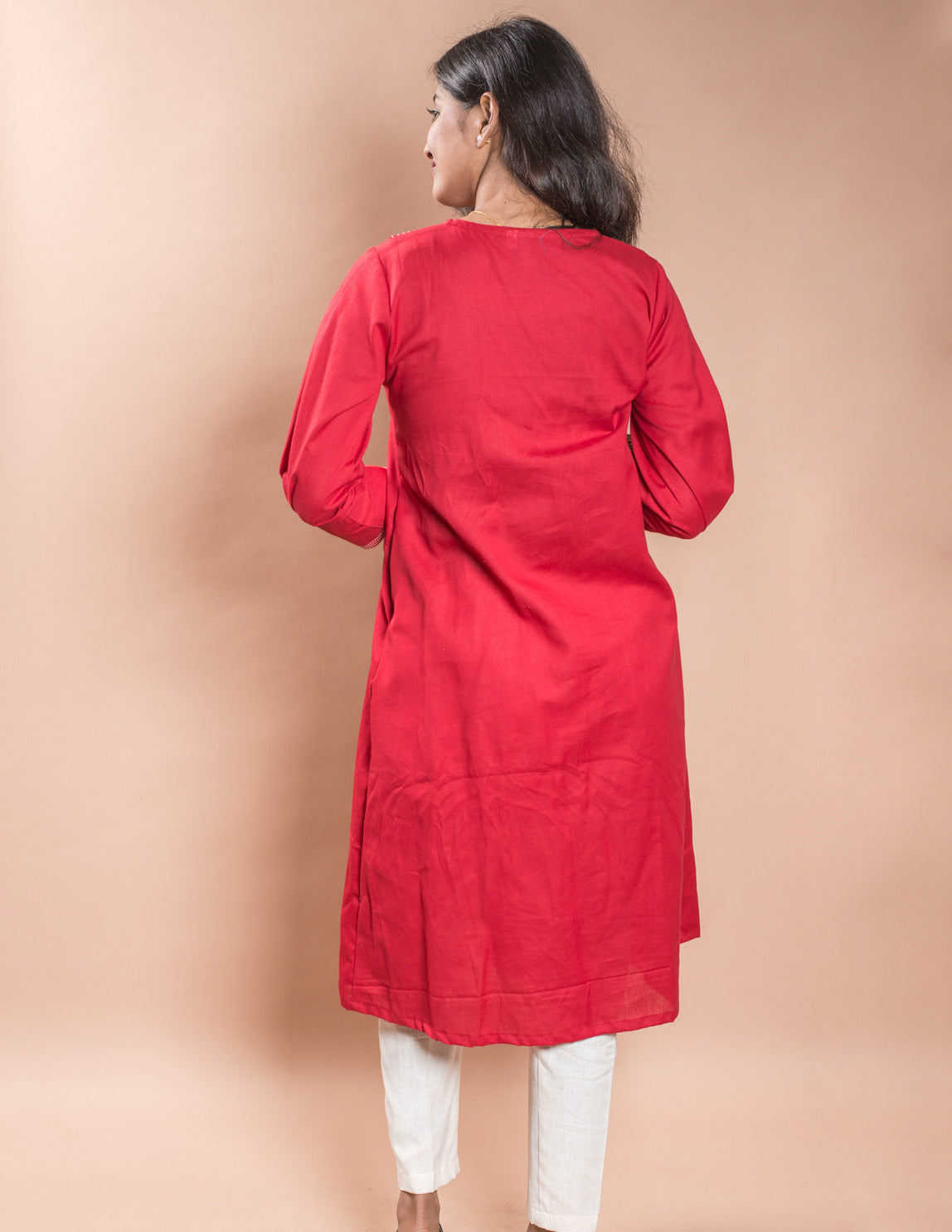 Red V-Neck Stitched Collar Long Kurta