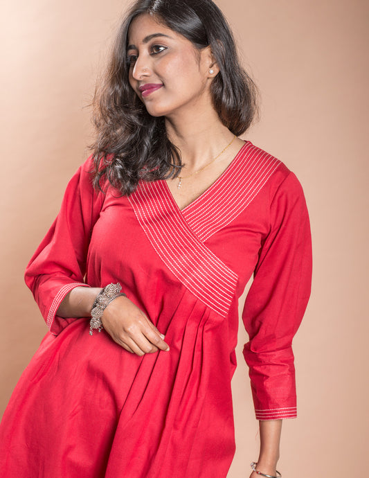 Red V-Neck Stitched Collar Long Kurta