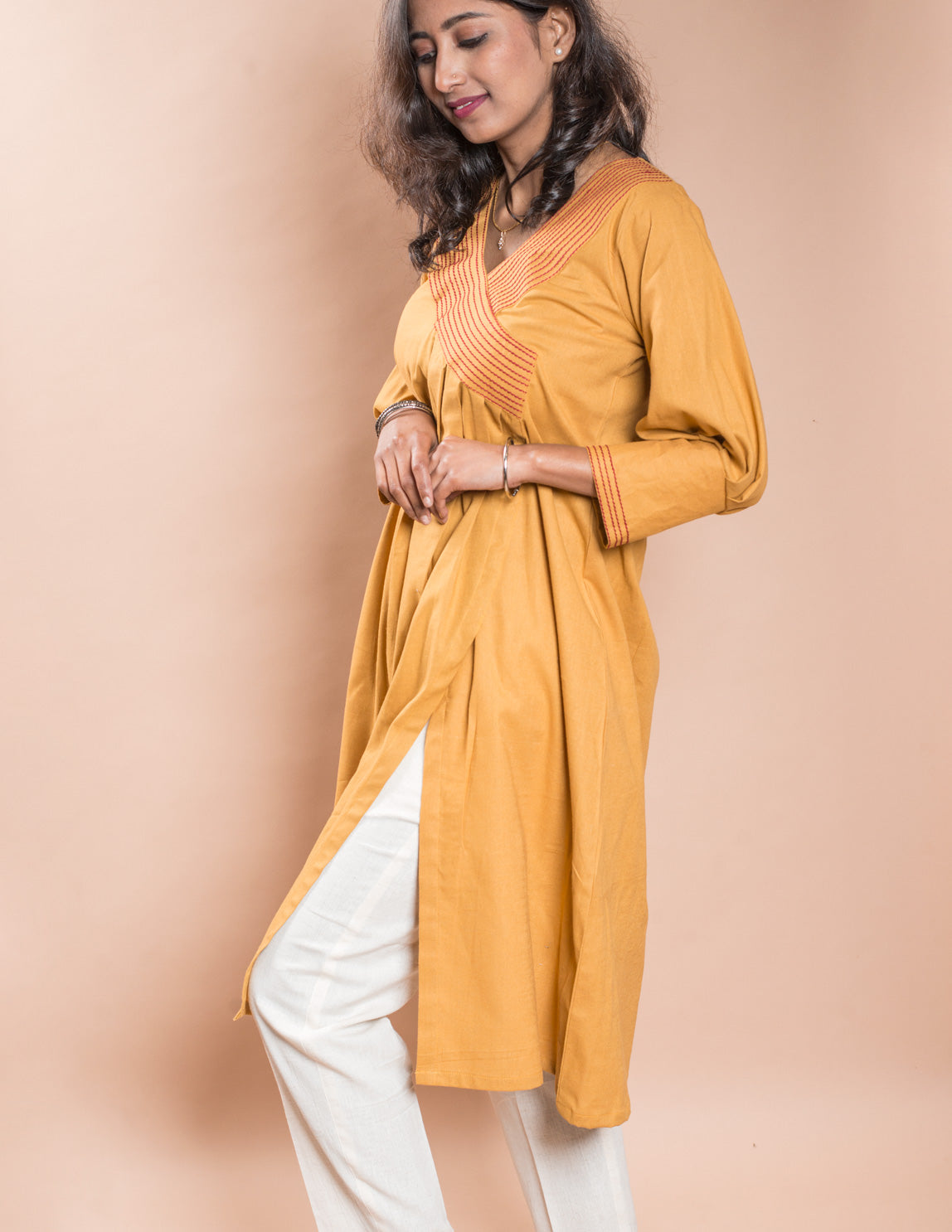 Yellow V-Neck Stitched Collar Long Kurta