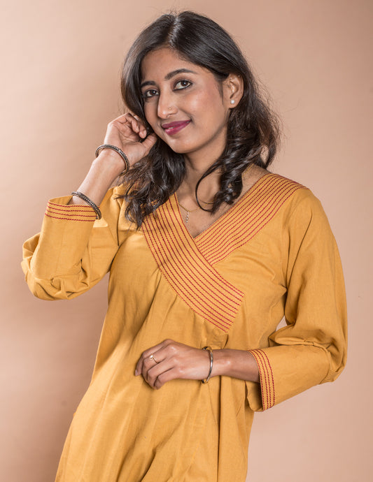 Yellow V-Neck Stitched Collar Long Kurta
