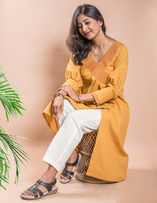 Yellow V-Neck Stitched Collar Long Kurta