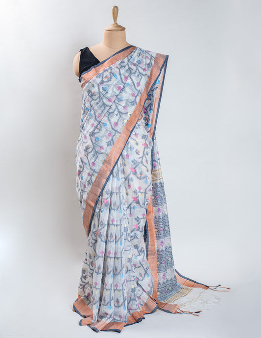 White Handloom Linen Jamdani Saree
