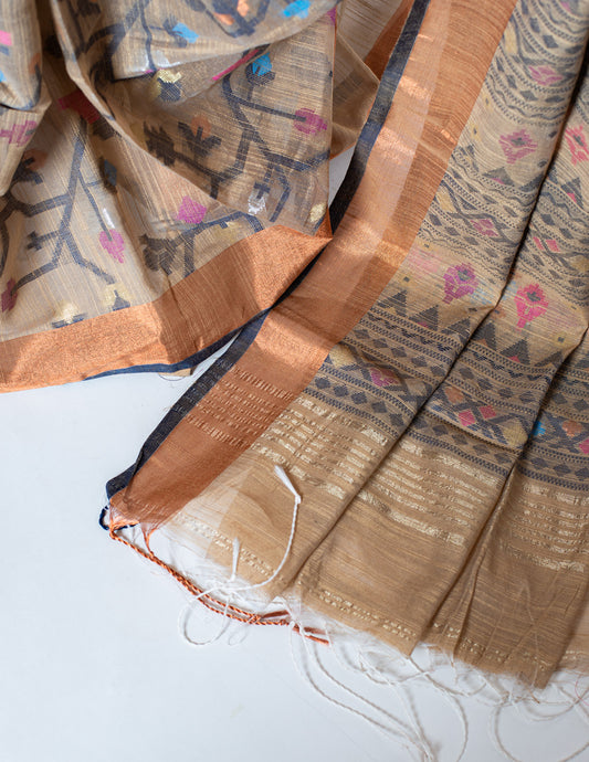 Beige Handloom Linen Jamdani Saree