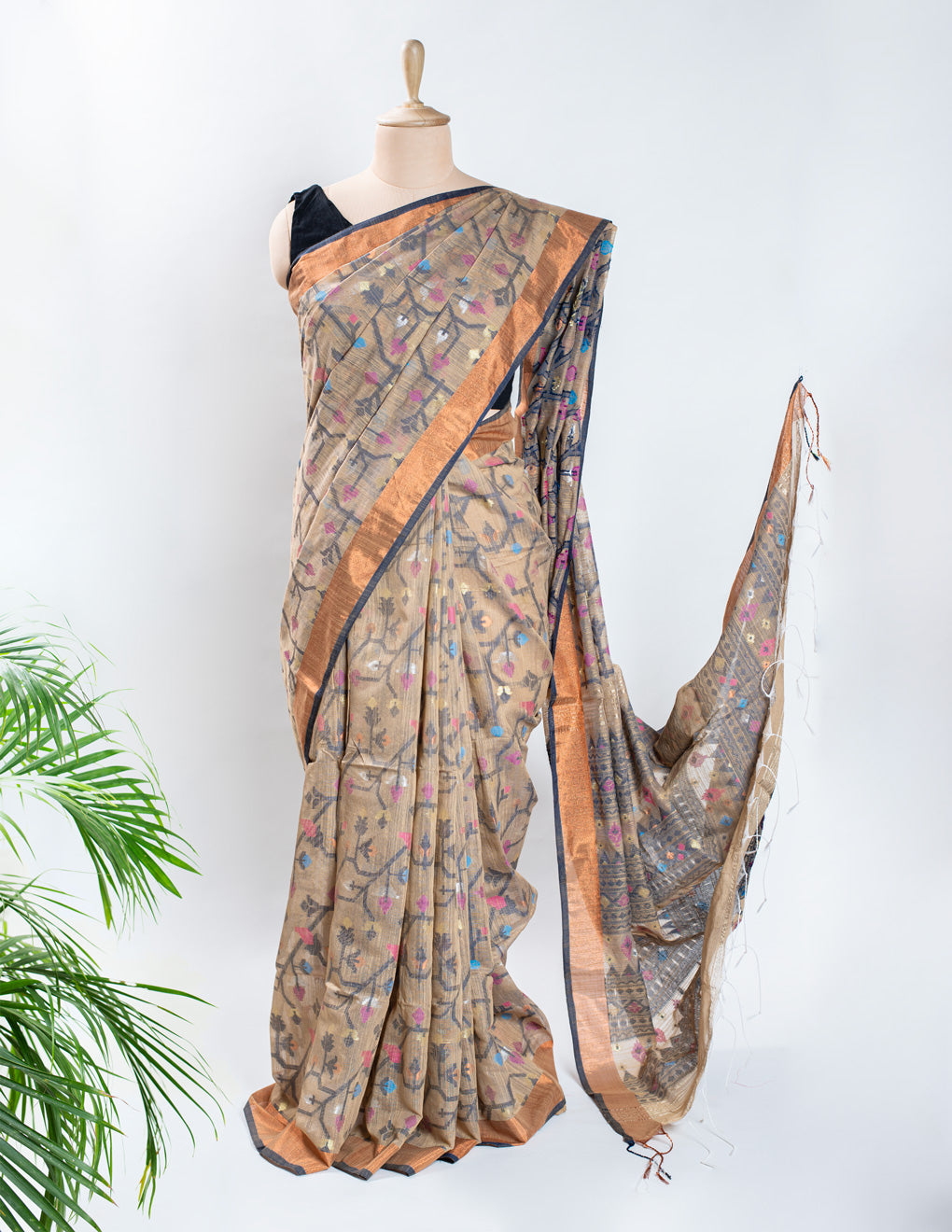 Beige Handloom Linen Jamdani Saree