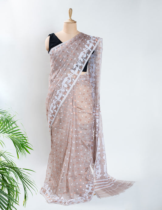 Beige Cotton Soft Jamdani Handloom Saree