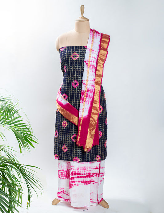 Black Cotton Hand Bandhani Unstitched Suit