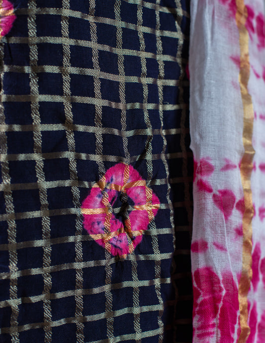 Black Cotton Hand Bandhani Unstitched Suit