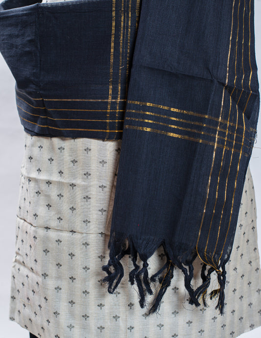 Off White Cotton Handloom Jacquard Unstitched Suit