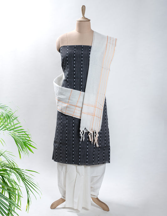 Black Cotton Handloom Jacquard Unstitched Suit