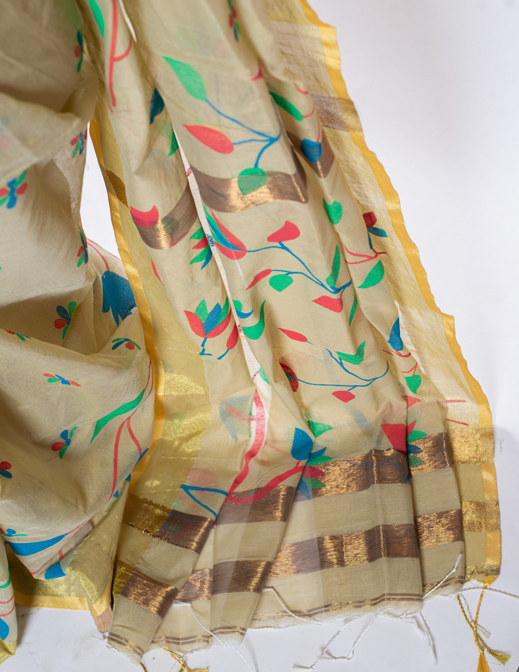 Beige Cotton Slub Handloom Saree