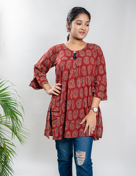 Maroon Pure Cotton Ajrakh Top