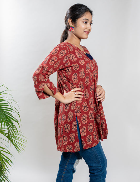 Maroon Pure Cotton Ajrakh Top