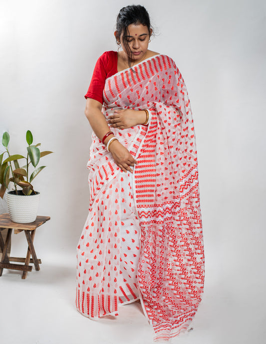 White & Red Handloom Cotton Soft Jamdani Saree