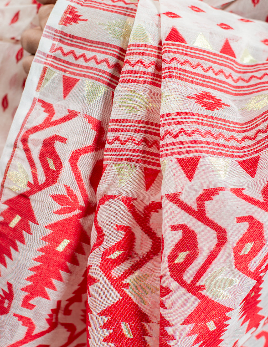 White & Red Handloom Cotton Soft Jamdani Saree
