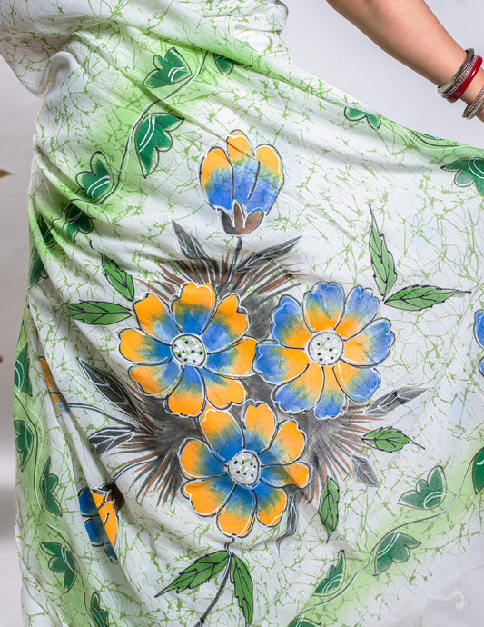 White Handloom Cotton Hand Painted Saree