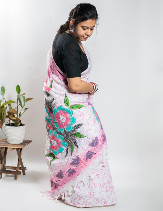 White Handloom Cotton Hand Painted Saree