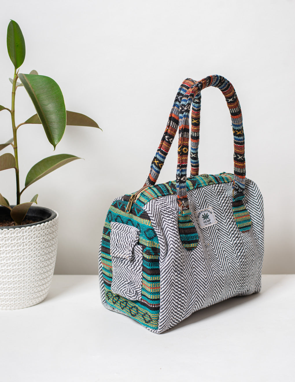 Black Natural Fiber Duffle Handbag for Women