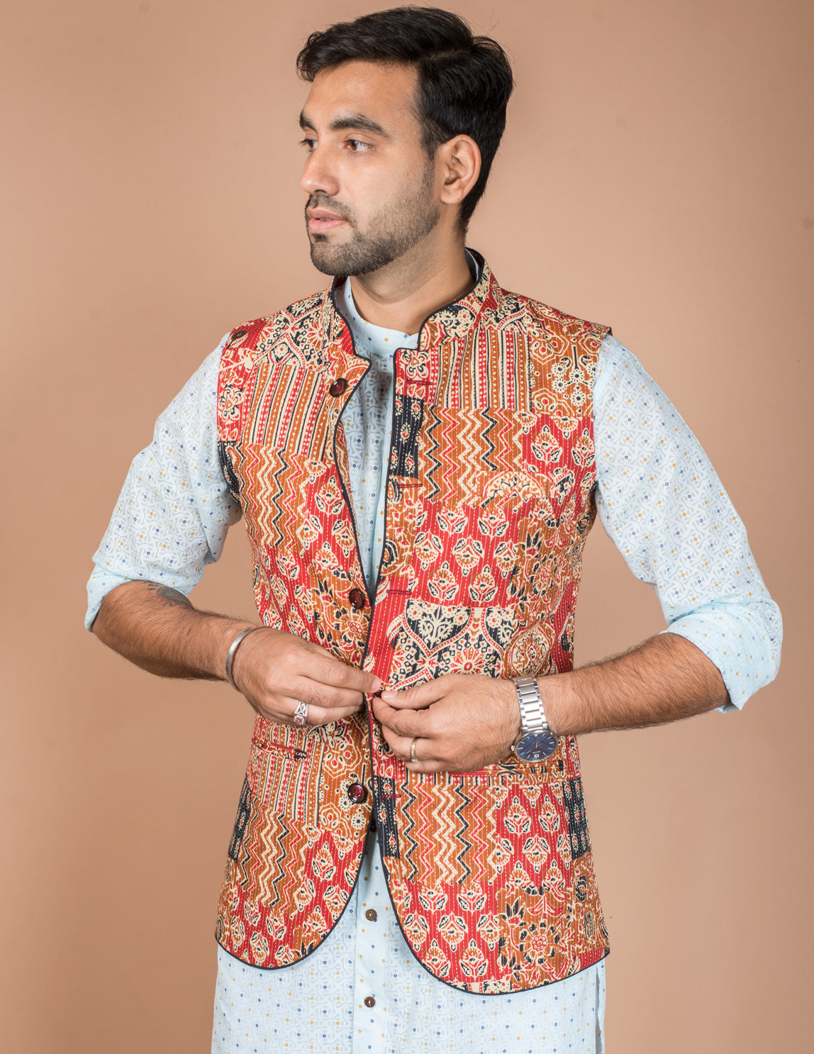 Red Kantha Patch Nehru Jacket